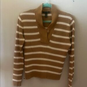 Lauren Ralph Lauren Brown and Cream Striped Cowl Neck Sweater